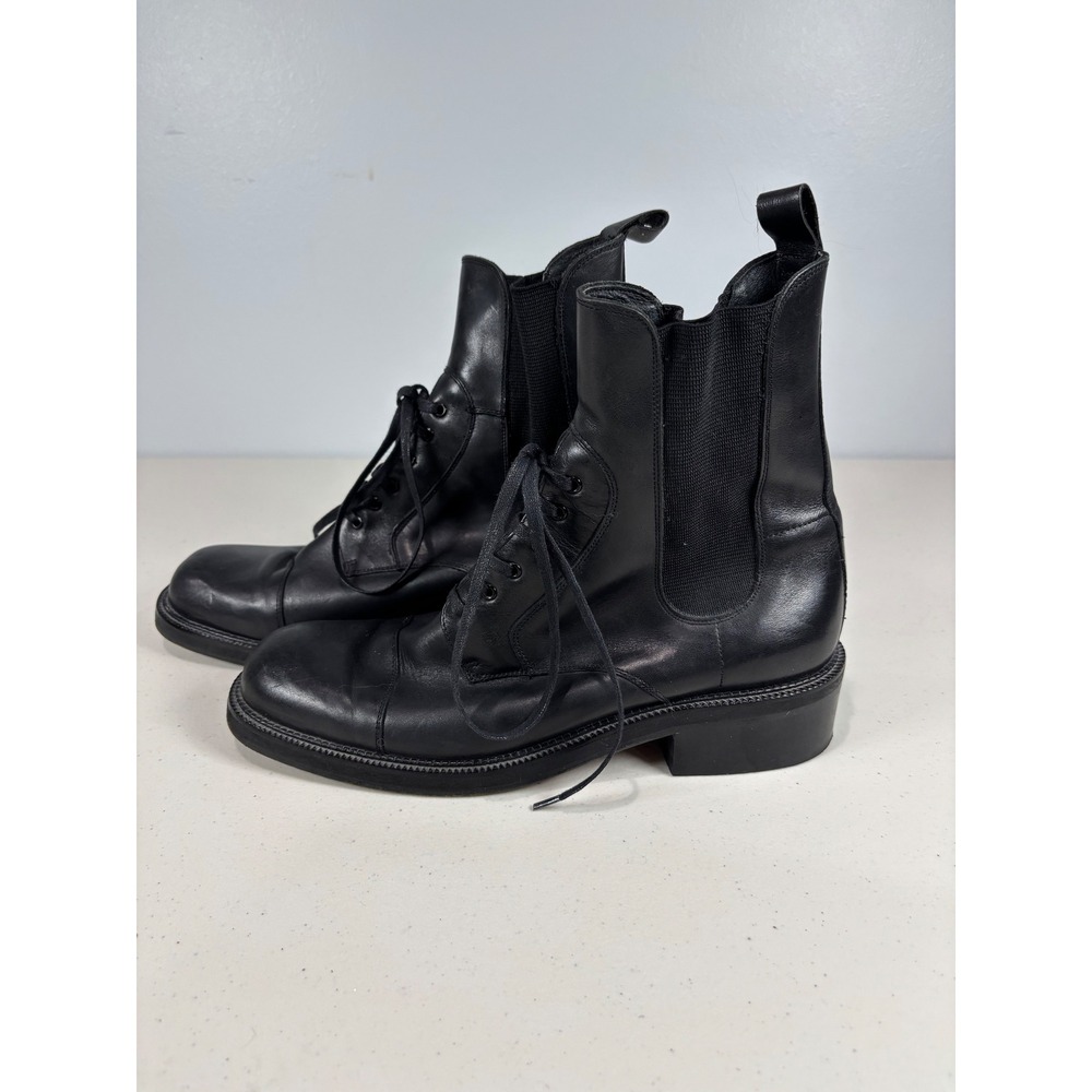 Charles David Black Combat Boots Women 10 Leather Stretch Lace Up Goth Emo‎ $250